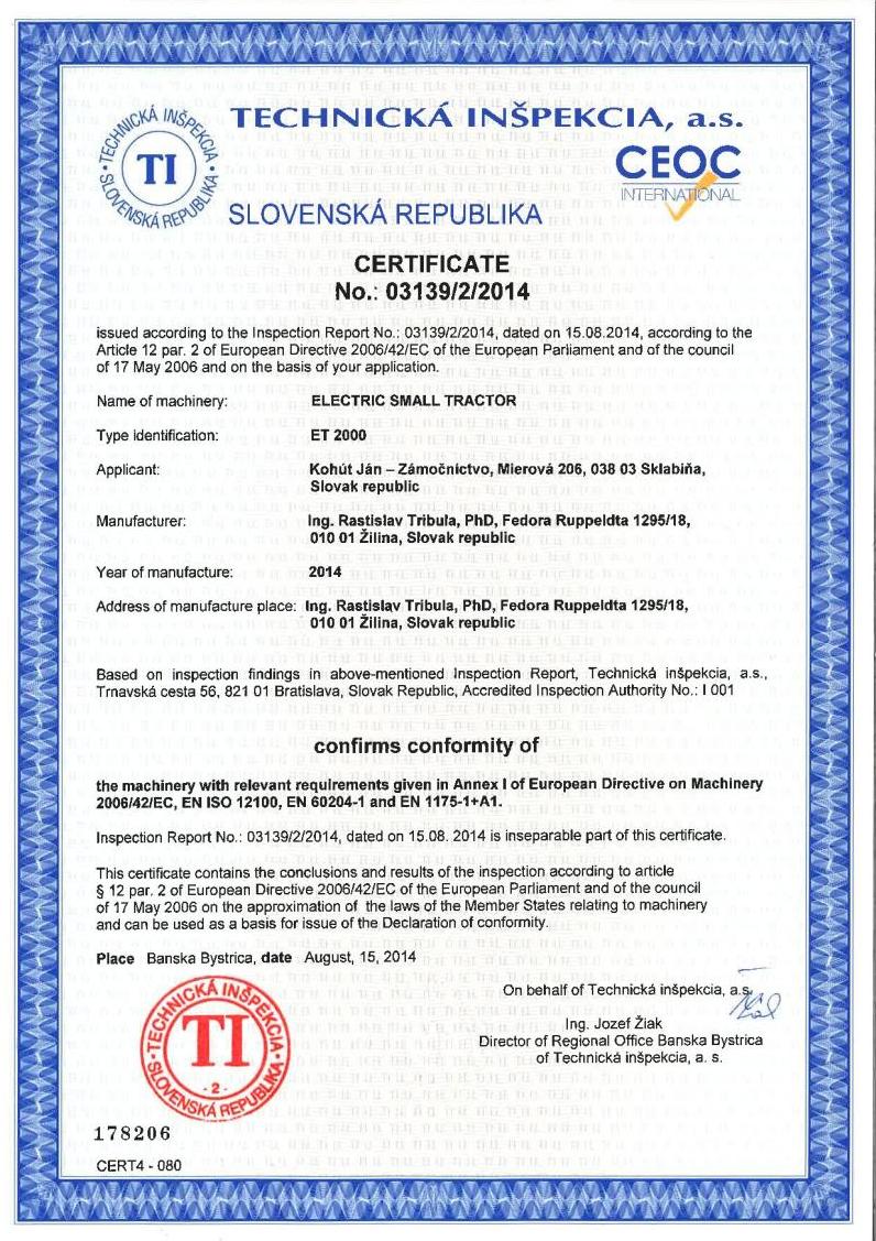 Electric Tractor - Certificate